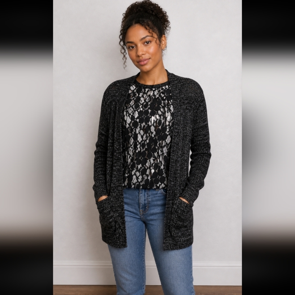 STREETWEAR Society Knit Cardigan Sweater Lace Back Pockets Medium Black